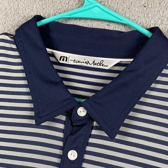 Travis Mathew Golf Polo Shirt Men's 2XL Navy Gray Striped Causal Performance - Picture 4 of 14